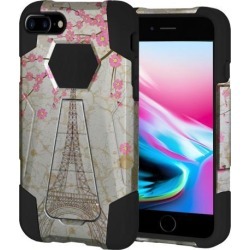 Amzer Dual Layer Designer Hybrid Case with Kickstand - White Vintage Eiffel Tower Paris Sakura Floral for iPhone 8 Plus
