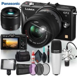 Panasonic Lumix G DMC-GF2K Digital Camera (BODY ONLY) + Panasonic Lumix G 25mm f/1.7 ASPH. Lens + Samson Microphone + 160 LED Light + Camera Case +