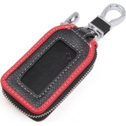 Black Red Litchi Stripe Grid Design Faux Leather Rectangle Zipper Car Key Holder