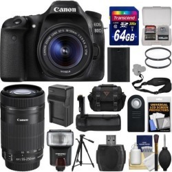Canon EOS 80D Wi-Fi Digital SLR Camera & EF-S 18-55mm IS & 55-250mm IS STM Lens + 64GB Card + Case + Flash + Battery & Charger + Grip + Tripod + Kit