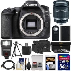Canon EOS 80D Wi-Fi Digital SLR Camera Body with 18-200mm IS Lens + 64GB Card + Battery + Case + Flash + Tripod + Kit