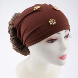Women's Head Wrap Big Flower Cancer Chemo Hat Beanie Scarf Turban Cap Brown
