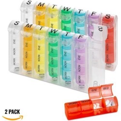 Weekly Pill Organizer - (Pack of 2) Pill Planners for Pills & Vitamins Each Day Week, Four Times-a-Day Medication Reminder, Easy to Read AM/PM.