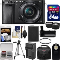 Sony Alpha A6000 Wi-Fi Digital Camera & 16-50mm Lens (Black) with 64GB Card + Case + Battery & Charger + Grip + Tripod + Tele/Wide Lens Kit