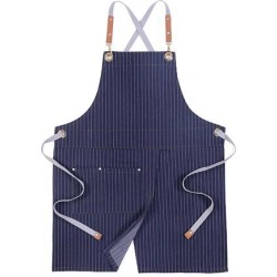Denim Apron Adjustable Jean Kitchen Apron with Pocket Denim Blue Stripe
