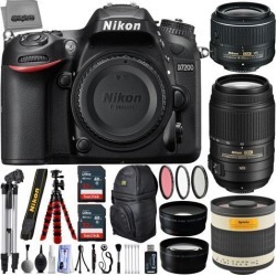 Nikon D7200 24.2MP 1080P DSLR Camera w/ 3.2' LCD - Wi-Fi & GPS Ready + 5 Lens - 18 to 1000mm - 64GB - 30PC Kit - Nikon 18-55VR - Nikon AF-S.