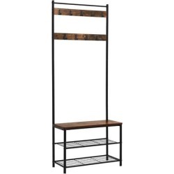 Industrial Wood and Metal Coat Rack with Shoe Bench, Black and Brown