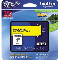 Brother TZE651 TZe Standard Adhesive Laminated Labeling Tape, 1w, Black on Yellow