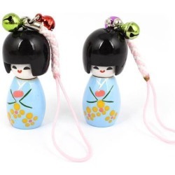 Unique Bargains Blue Wooden Japanese Doll Pendant Cell Phone Strap Decoration 2 Pcs