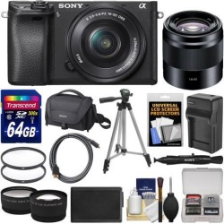 Sony Alpha A6300 4K Wi-Fi Digital Camera & 16-50mm with 50mm f/1.8 Lens + 64GB Card + Case + Battery & Charger + Tripod + Filters + Kit