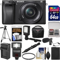 Sony Alpha A6300 4K Wi-Fi Digital Camera & 16-50mm Lens (Black) with 64GB Card + Case + Flash + LED Video Light + Mic + Battery & Charger + Tripod.