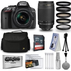 Nikon D5300 24MP DSLR Digital Camera AF-P 18-55mm + NIKKOR Lens 70-300mm + High Definition Professional 5 Piece Filter Kit + 32GB Memory SD Card.