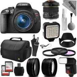 Canon EOS Rebel T5i Digital SLR Camera + 6.5mm Fisheye + 75-300mm + 18-55mm + 64gb Memory + LED Light + Flash + Bag + Filter Kit + Cleaning Kit +.