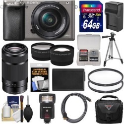 Sony Alpha A6000 Wi-Fi Digital Camera & 16-50mm Lens (Graphite) with 55-210mm Lens + 64GB Card + Case + Flash + Battery/Charger + Tripod Kit