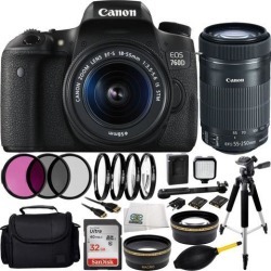 Canon EOS 760D/T6s DSLR Camera with EF-S 18-55mm f/3.5-5.6 IS STM Lens + 55-250mm f/4-5.6 IS STM Lens 32GB Bundle 15PC Accessory Kit. Includes 32GB.