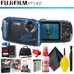 FUJIFILM FinePix XP140 Digital Camera (Sky Blue) + Memory Card Kit + Carrying Case + Floating Strap + Editing Software + Cleaning Kit
