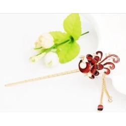 Chinese Hair Stick Hair Decor Flower Crystal Wedding Party Hairpin Red