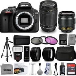Nikon D3400 DSLR Camera with AF-P DX 18-55mm VR and 70-300mm Lenses + 32GB 15PC Accessory Bundle Kit