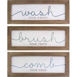 Stratton Home Decorative Wash, Brush, Comb Bath Art, Set of 3 - Natural Wood, White, Blue