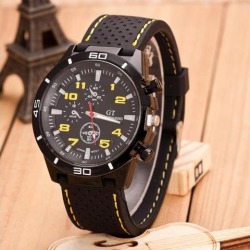 Men Fashion Silicone Watchband Round Dial Quartz Wristwatch Sports Wrist Watch yellow