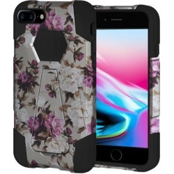 Amzer Dual Layer Designer Hybrid Case with Kickstand - Romantic Pink White Roses Floral for iPhone 8 Plus