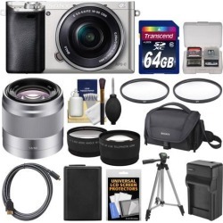 Sony Alpha A6000 Wi-Fi Digital Camera & 16-50mm Lens (Silver) with 50mm f/1.8 Lens + 64GB Card + Case + Battery/Charger + Tripod + Tele/Wide Lens Kit
