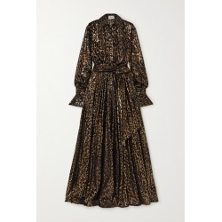 Redemption - Belted Metallic Flocked Silk-blend Gown - Black