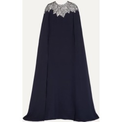 Oscar de la Renta - Cape-effect Crystal-embellished Silk Crepe De Chine Gown - Navy