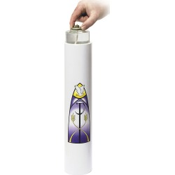 This Christ candle uses disposable/recyclable liquid wax cartridges fo