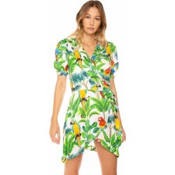 MC2 Saint Barth Flared Dress Parrots Print On A White Background With Green Leaves