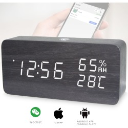 LED Digital Alarm Clock Rechargeable Woodgrain USB Android iOS Control APP - Black