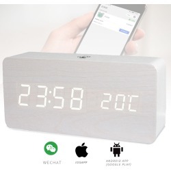 Rechargeable LED Digital Alarm Clock Woodgrain USB Android iOS Control APP - White