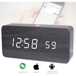 Rechargeable LED Digital Alarm Clock Woodgrain USB Android iOS Control APP - Black