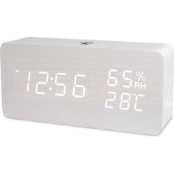 LED Digital Alarm Clock Rechargeable Woodgrain USB Android iOS Control APP - White