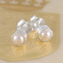 Round June Birthstone Silver Pearl Stud Earrings