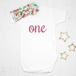 First Birthday Sparkle Baby Grow With Headband Set First Birthday Sparkle Baby Grow With Headband Set