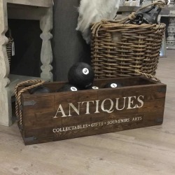 Antiques Crate With Six Wooden Boules And Rope Handles