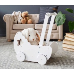 White Wooden Dolls Pram With Bed Set