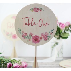 Round Floral Wreath Wedding Table Number, Wood