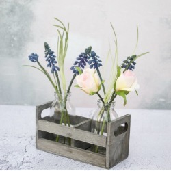 Mini Milk Bottles In A Wooden Crate With Faux Flowers