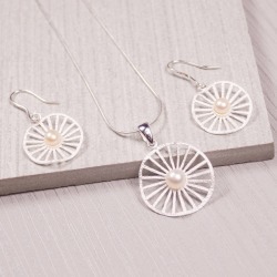 Silver Pearl Wheel Pendant And Earrings