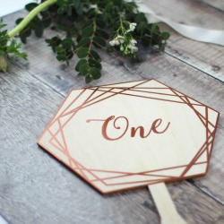 Wood Table Number, Geometric Copper Hexagonal