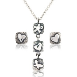 Square Charm Heart Pendant And Earring Set