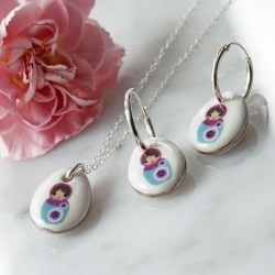 Porcelain Russian Doll Necklace And Earring Set