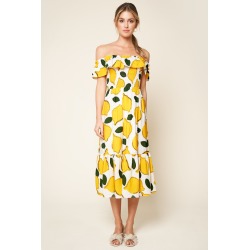 Pucker Up White Lemon Print Off The Shoulder Maxi Dress