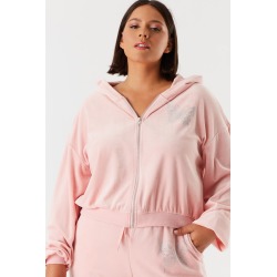 Urban Planet Plus Size Velour Rhinestone Graphic Butterfly Zip-Up Cropped Hoodie | Pink | 1X | Women's found on Bargain Bro from Urban Planet for USD $23.79