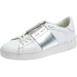 Valentino White/Metallic Silver Band Leather Open Low Top Sneakers Size 37.5