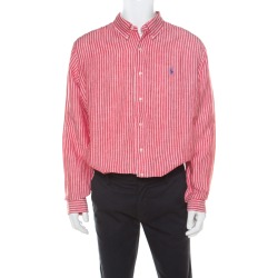 Ralph Lauren Red and White Striped Linen Button Down Custom Fit Shirt XXL