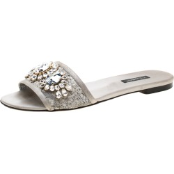 Dolce And Gabbana Metallic Silver Lace Crystal Embellished Flat Slides Size 39