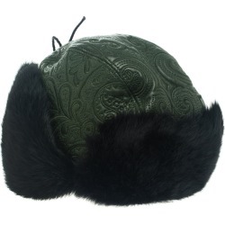 Etro Dark Green Leather and Rabbit Fur Aviator Hat L